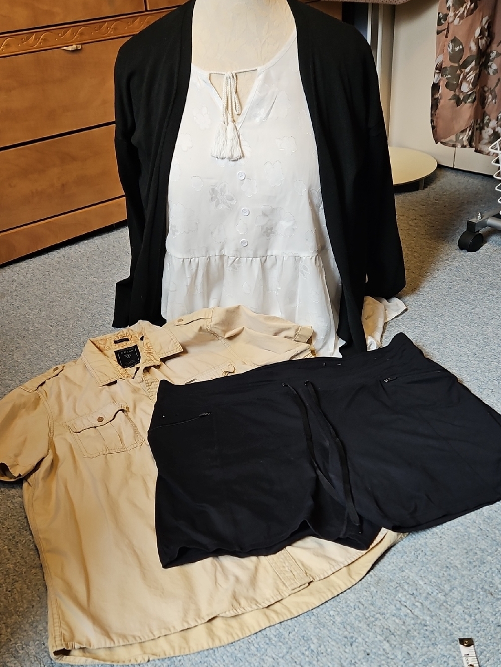 Black Drawstring Hyba Shorts Sz 2X With Nwt Blouse, Black Cardi + Guess Shirt